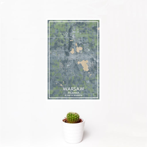 12x18 Warsaw Indiana Map Print Portrait Orientation in Afternoon Style With Small Cactus Plant in White Planter