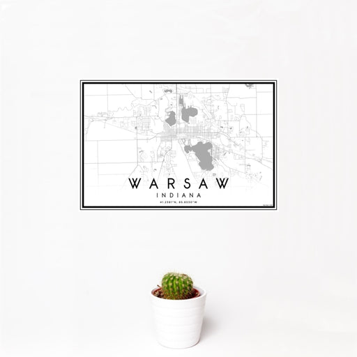 12x18 Warsaw Indiana Map Print Landscape Orientation in Classic Style With Small Cactus Plant in White Planter