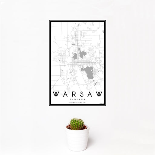 12x18 Warsaw Indiana Map Print Portrait Orientation in Classic Style With Small Cactus Plant in White Planter