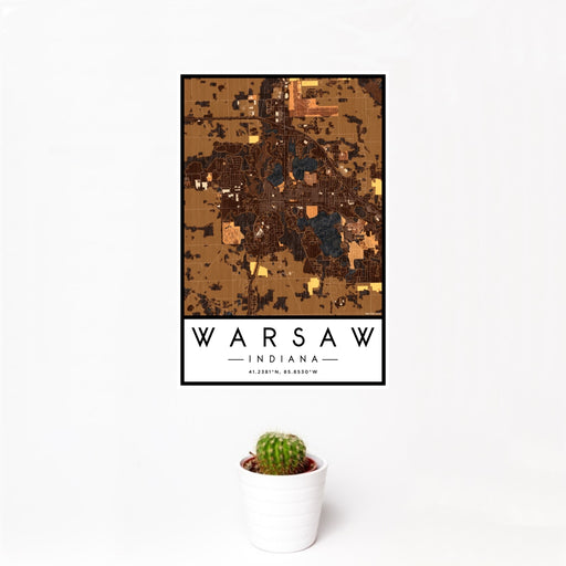 12x18 Warsaw Indiana Map Print Portrait Orientation in Ember Style With Small Cactus Plant in White Planter