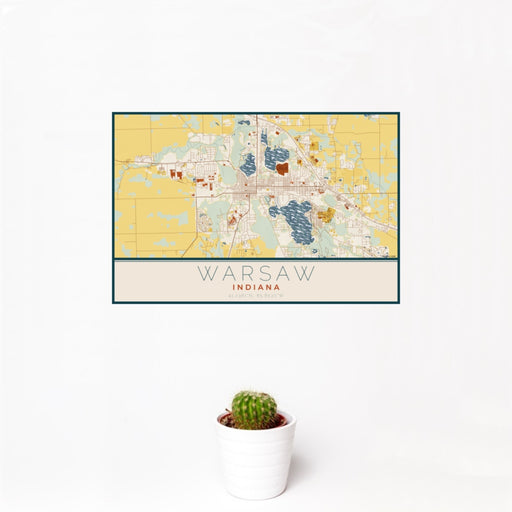 12x18 Warsaw Indiana Map Print Landscape Orientation in Woodblock Style With Small Cactus Plant in White Planter
