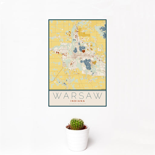 12x18 Warsaw Indiana Map Print Portrait Orientation in Woodblock Style With Small Cactus Plant in White Planter