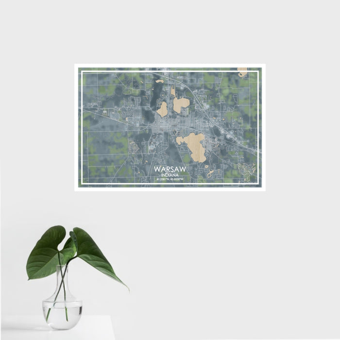 16x24 Warsaw Indiana Map Print Landscape Orientation in Afternoon Style With Tropical Plant Leaves in Water