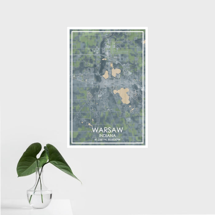 16x24 Warsaw Indiana Map Print Portrait Orientation in Afternoon Style With Tropical Plant Leaves in Water