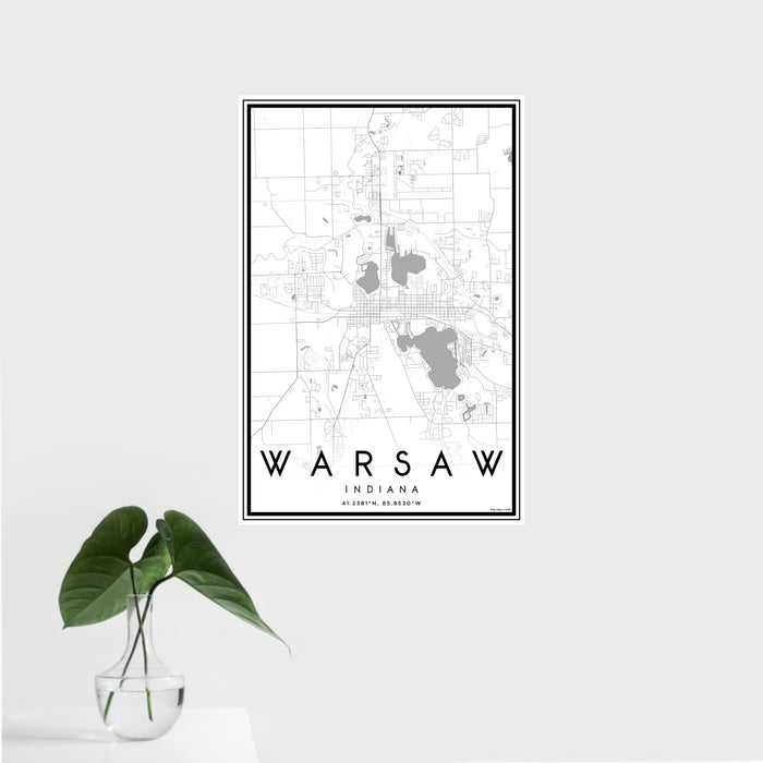16x24 Warsaw Indiana Map Print Portrait Orientation in Classic Style With Tropical Plant Leaves in Water
