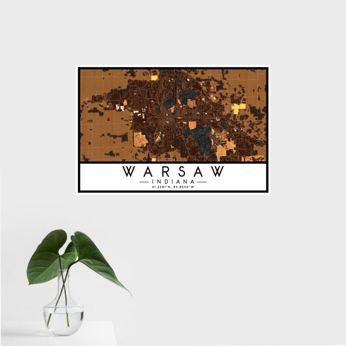 16x24 Warsaw Indiana Map Print Landscape Orientation in Ember Style With Tropical Plant Leaves in Water