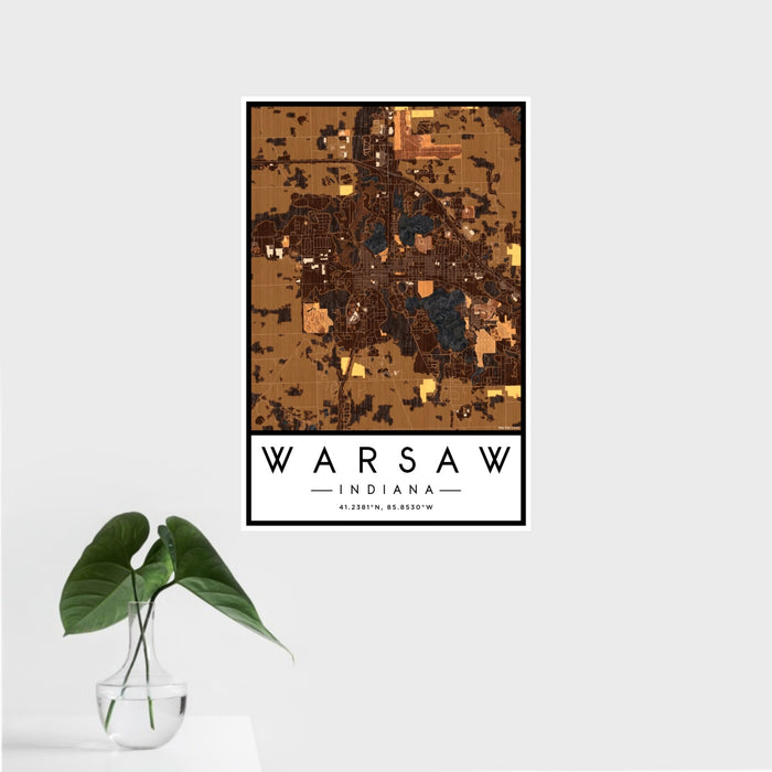 16x24 Warsaw Indiana Map Print Portrait Orientation in Ember Style With Tropical Plant Leaves in Water