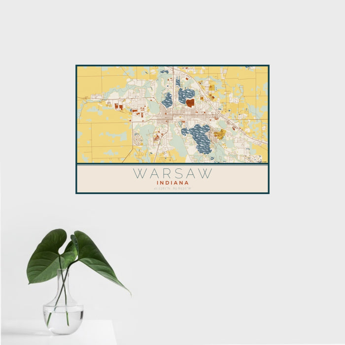 16x24 Warsaw Indiana Map Print Landscape Orientation in Woodblock Style With Tropical Plant Leaves in Water