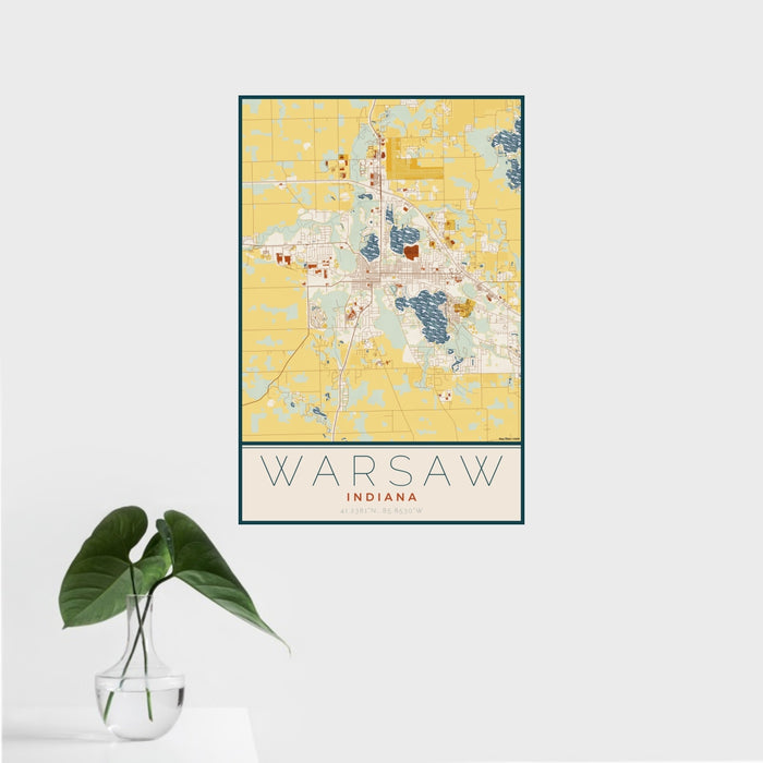 16x24 Warsaw Indiana Map Print Portrait Orientation in Woodblock Style With Tropical Plant Leaves in Water
