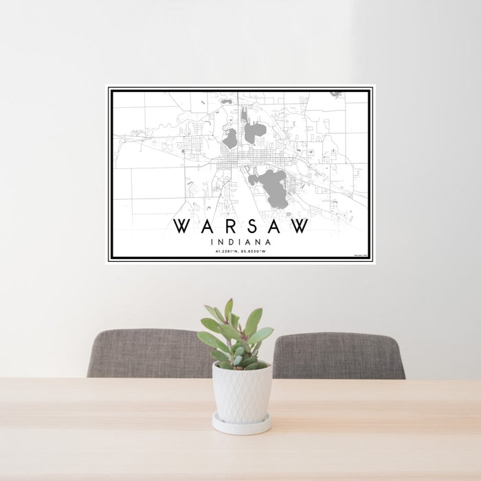 24x36 Warsaw Indiana Map Print Lanscape Orientation in Classic Style Behind 2 Chairs Table and Potted Plant