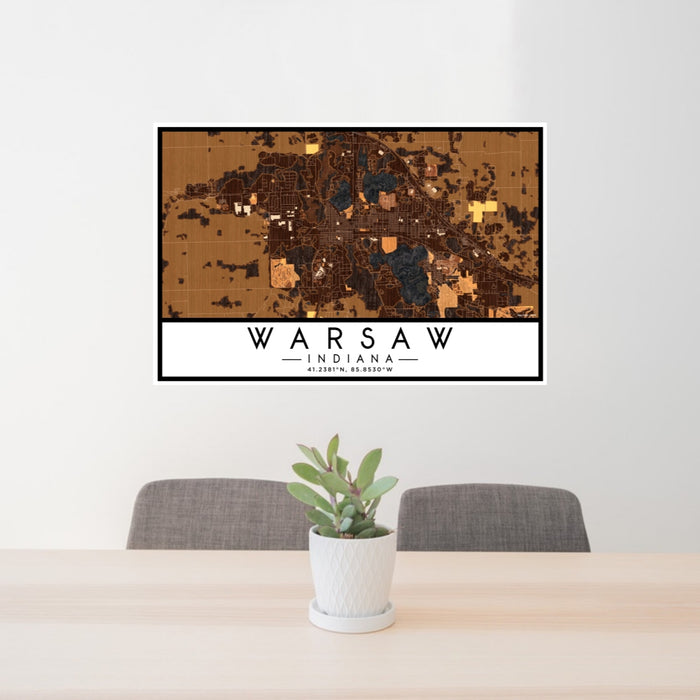 24x36 Warsaw Indiana Map Print Lanscape Orientation in Ember Style Behind 2 Chairs Table and Potted Plant