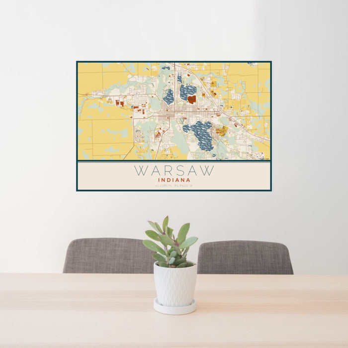 24x36 Warsaw Indiana Map Print Lanscape Orientation in Woodblock Style Behind 2 Chairs Table and Potted Plant