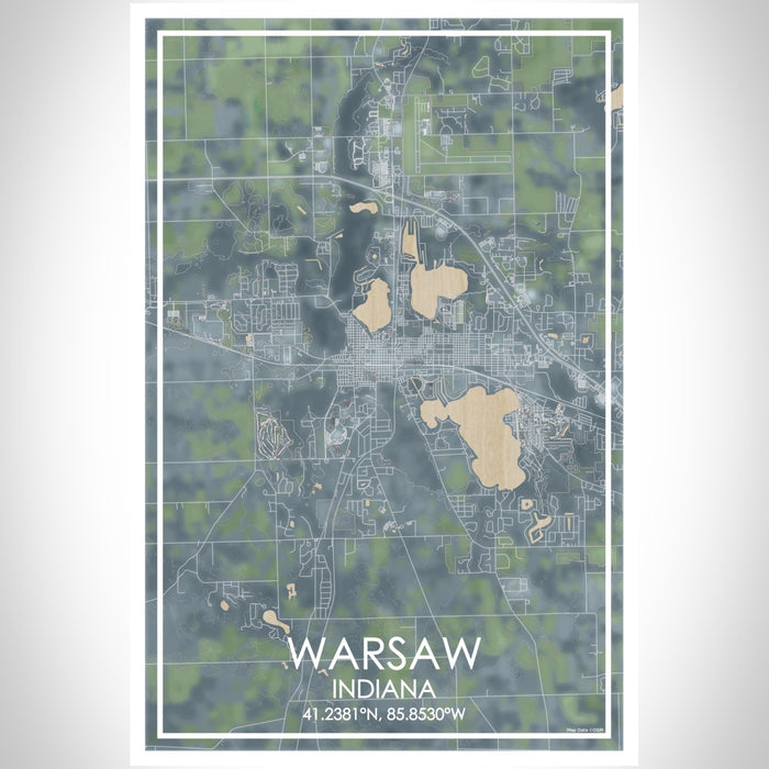 Warsaw Indiana Map Print Portrait Orientation in Afternoon Style With Shaded Background