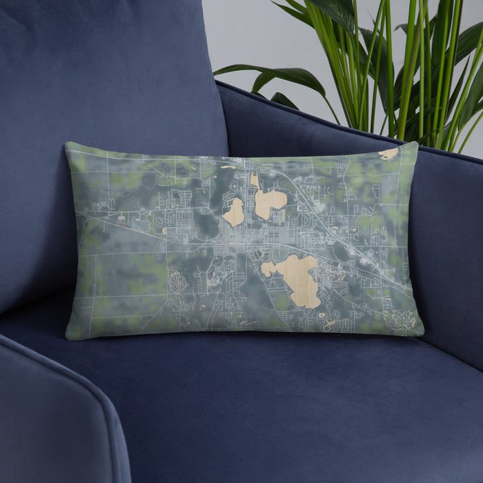 Custom Warsaw Indiana Map Throw Pillow in Afternoon on Blue Colored Chair