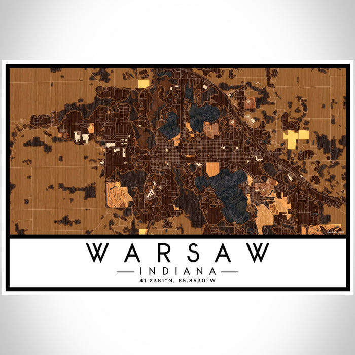 Warsaw Indiana Map Print Landscape Orientation in Ember Style With Shaded Background