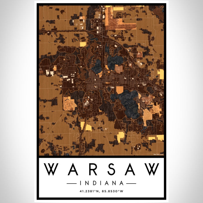 Warsaw Indiana Map Print Portrait Orientation in Ember Style With Shaded Background