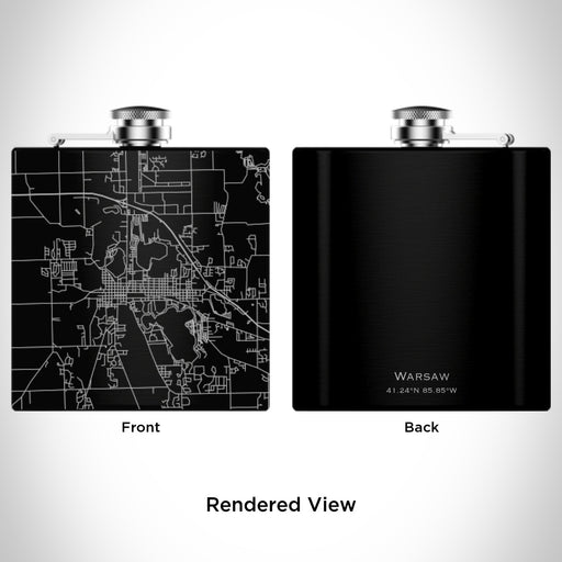 Rendered View of Warsaw Indiana Map Engraving on 6oz Stainless Steel Flask in Black