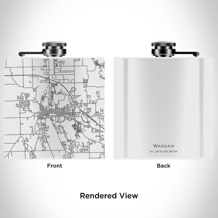 Rendered View of Warsaw Indiana Map Engraving on 6oz Stainless Steel Flask in White