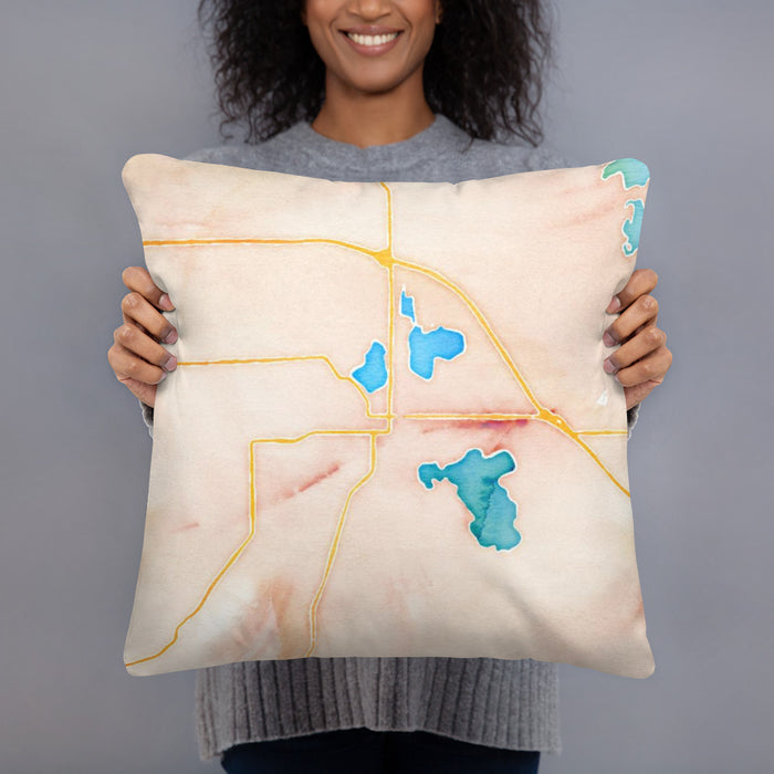 Person holding 18x18 Custom Warsaw Indiana Map Throw Pillow in Watercolor