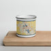 Front View Custom Warsaw Indiana Map Enamel Mug in Woodblock on Cutting Board