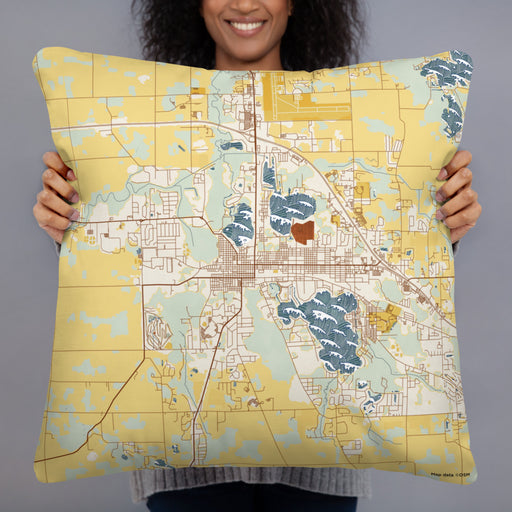 Person holding 22x22 Custom Warsaw Indiana Map Throw Pillow in Woodblock