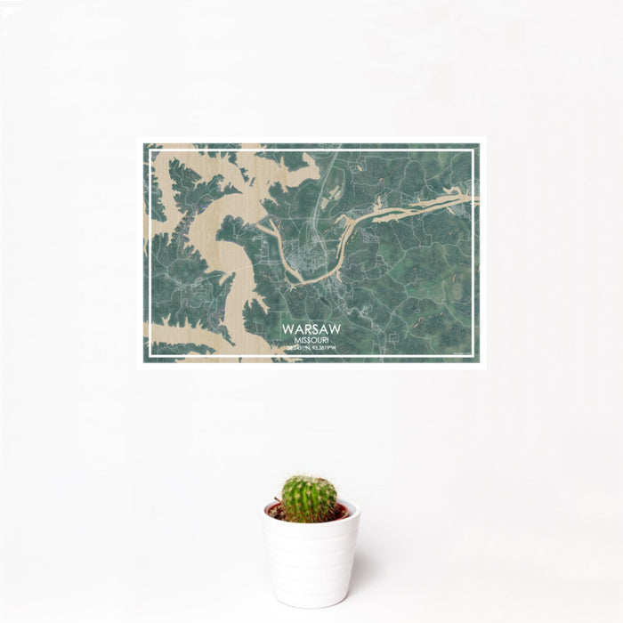 12x18 Warsaw Missouri Map Print Landscape Orientation in Afternoon Style With Small Cactus Plant in White Planter