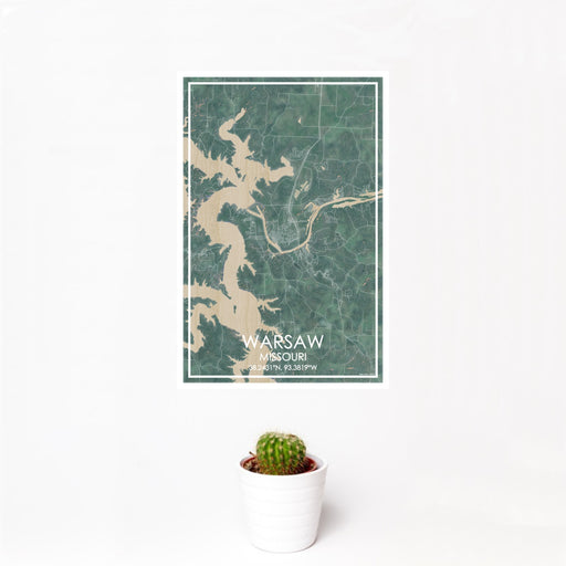 12x18 Warsaw Missouri Map Print Portrait Orientation in Afternoon Style With Small Cactus Plant in White Planter