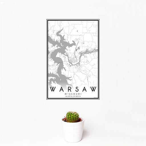 12x18 Warsaw Missouri Map Print Portrait Orientation in Classic Style With Small Cactus Plant in White Planter