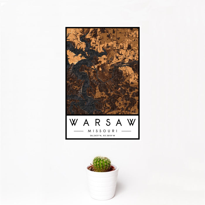 12x18 Warsaw Missouri Map Print Portrait Orientation in Ember Style With Small Cactus Plant in White Planter