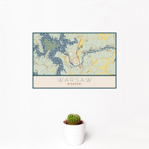 12x18 Warsaw Missouri Map Print Landscape Orientation in Woodblock Style With Small Cactus Plant in White Planter