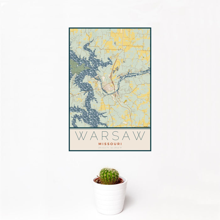 12x18 Warsaw Missouri Map Print Portrait Orientation in Woodblock Style With Small Cactus Plant in White Planter
