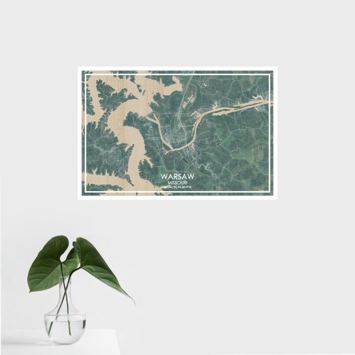 16x24 Warsaw Missouri Map Print Landscape Orientation in Afternoon Style With Tropical Plant Leaves in Water