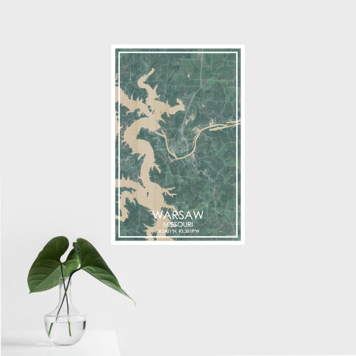 16x24 Warsaw Missouri Map Print Portrait Orientation in Afternoon Style With Tropical Plant Leaves in Water