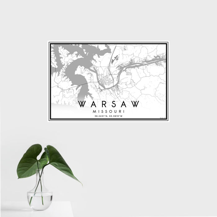 16x24 Warsaw Missouri Map Print Landscape Orientation in Classic Style With Tropical Plant Leaves in Water