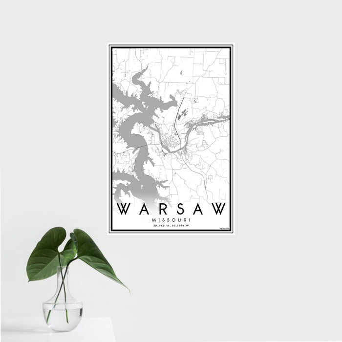 16x24 Warsaw Missouri Map Print Portrait Orientation in Classic Style With Tropical Plant Leaves in Water