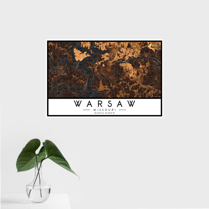 16x24 Warsaw Missouri Map Print Landscape Orientation in Ember Style With Tropical Plant Leaves in Water
