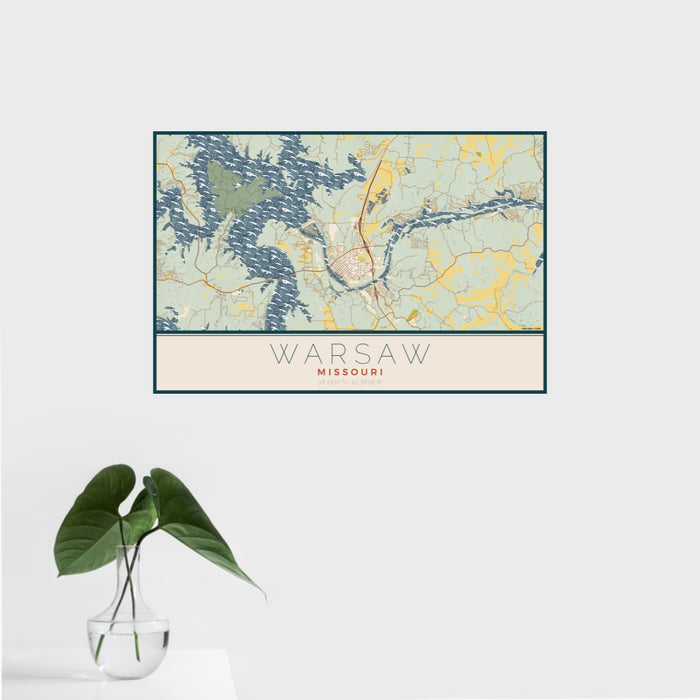 16x24 Warsaw Missouri Map Print Landscape Orientation in Woodblock Style With Tropical Plant Leaves in Water