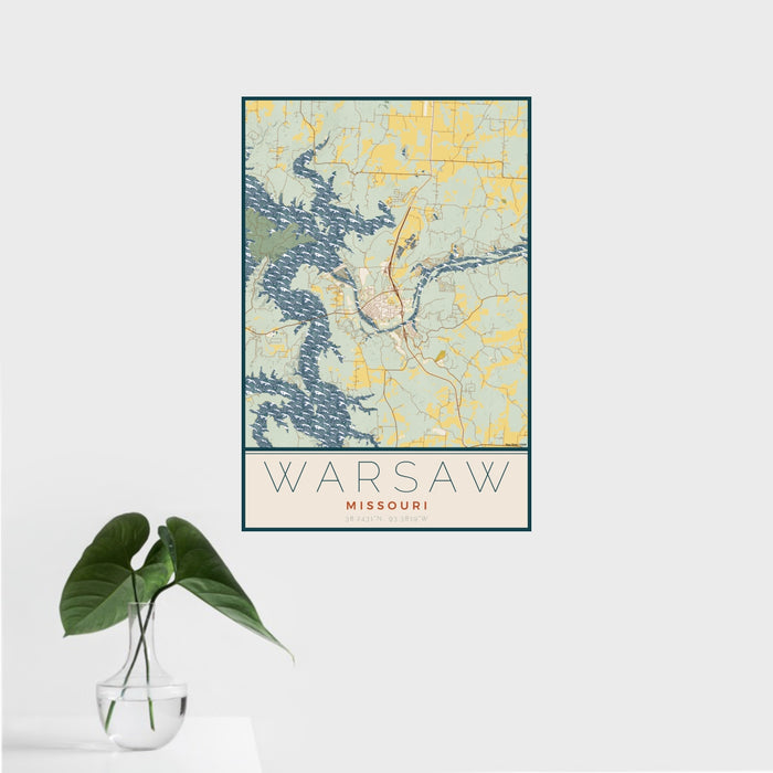 16x24 Warsaw Missouri Map Print Portrait Orientation in Woodblock Style With Tropical Plant Leaves in Water