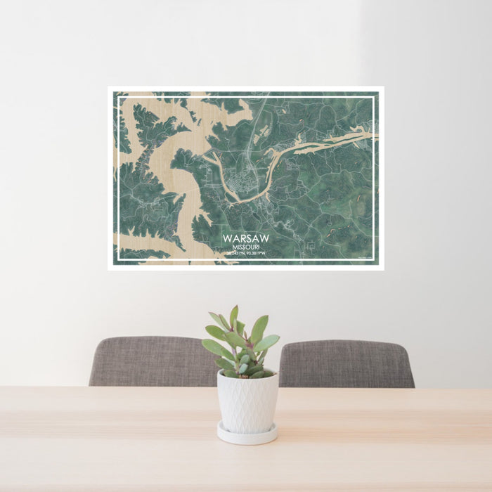 24x36 Warsaw Missouri Map Print Lanscape Orientation in Afternoon Style Behind 2 Chairs Table and Potted Plant