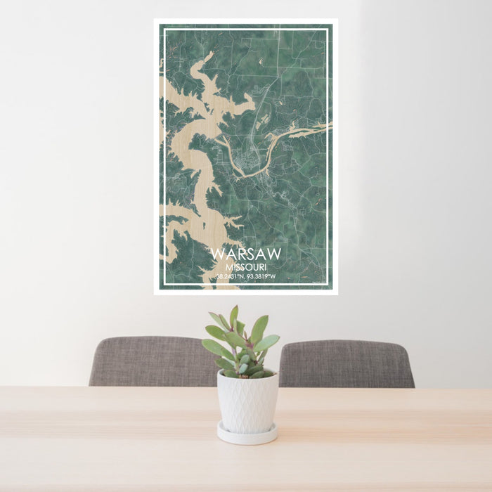 24x36 Warsaw Missouri Map Print Portrait Orientation in Afternoon Style Behind 2 Chairs Table and Potted Plant