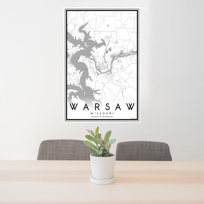 24x36 Warsaw Missouri Map Print Portrait Orientation in Classic Style Behind 2 Chairs Table and Potted Plant