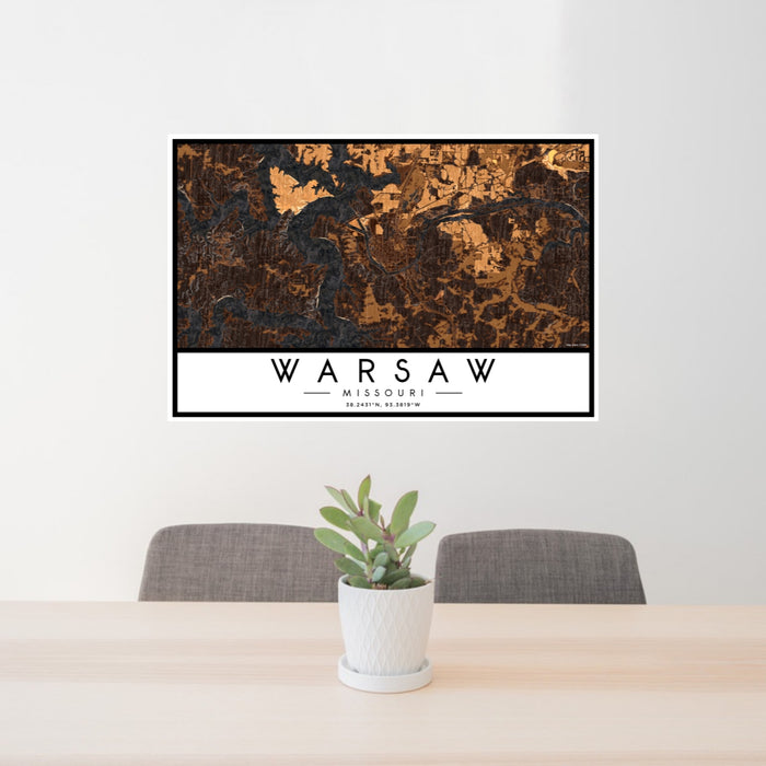 24x36 Warsaw Missouri Map Print Lanscape Orientation in Ember Style Behind 2 Chairs Table and Potted Plant