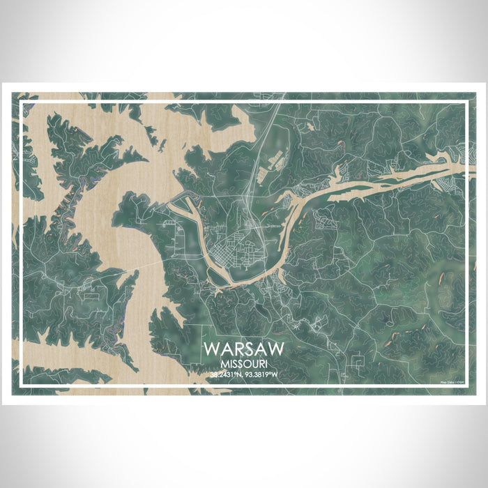 Warsaw Missouri Map Print Landscape Orientation in Afternoon Style With Shaded Background