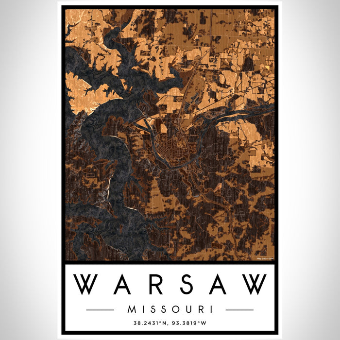 Warsaw Missouri Map Print Portrait Orientation in Ember Style With Shaded Background