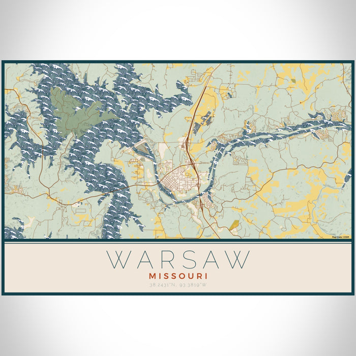 Warsaw Missouri Map Print Landscape Orientation in Woodblock Style With Shaded Background