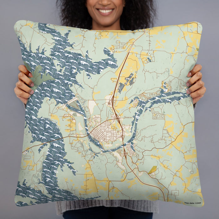 Person holding 22x22 Custom Warsaw Missouri Map Throw Pillow in Woodblock