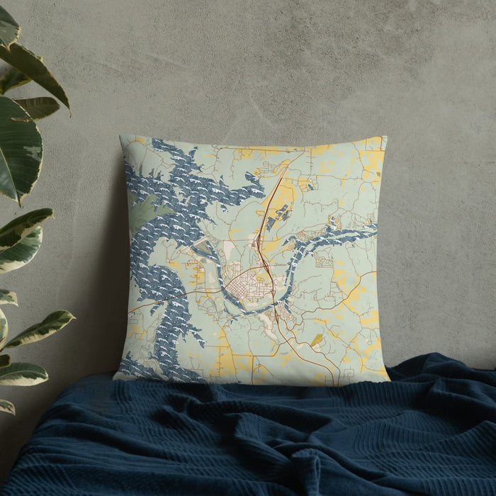 Custom Warsaw Missouri Map Throw Pillow in Woodblock on Bedding Against Wall