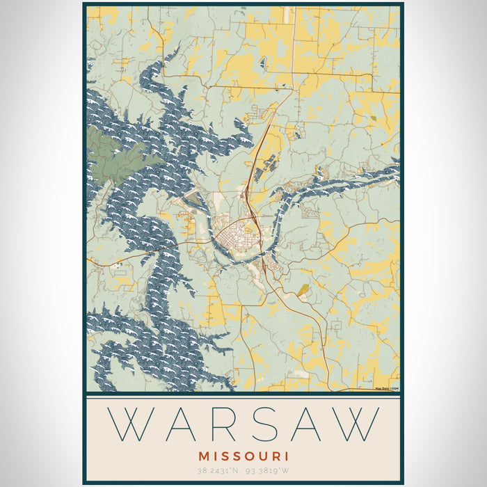 Warsaw Missouri Map Print Portrait Orientation in Woodblock Style With Shaded Background