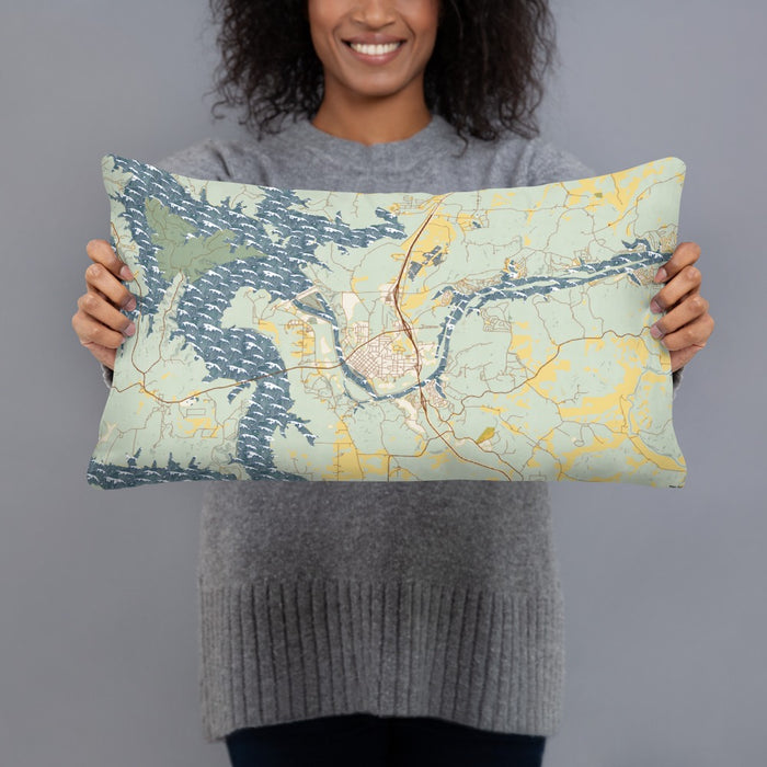 Person holding 20x12 Custom Warsaw Missouri Map Throw Pillow in Woodblock