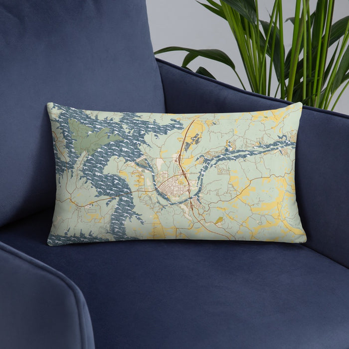 Custom Warsaw Missouri Map Throw Pillow in Woodblock on Blue Colored Chair